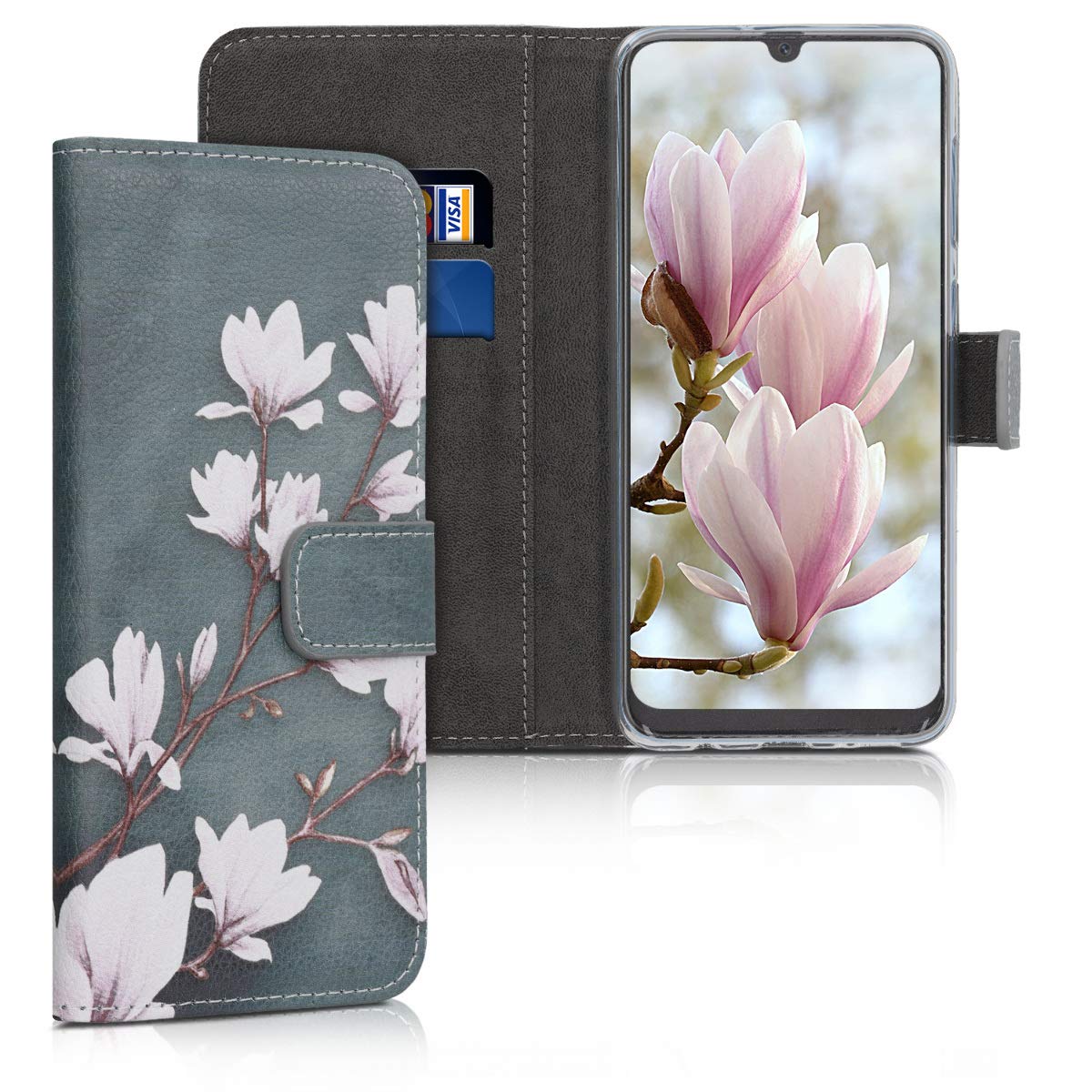 kwmobile Wallet Case Compatible with Samsung Galaxy A50 Case for Phone  Magnolias Taupe/White/Blue Grey