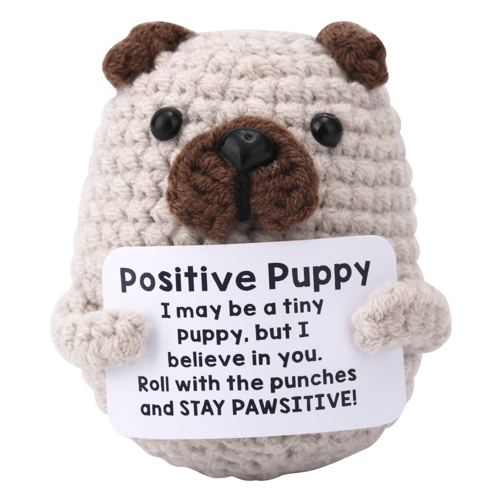 TOYMIS Positive Pug, Adorable Hand-Knitted Puppy Doll with Inspirational Card Crochet Dog Animals Emotional Plush Positive Support Gifts for Pet Lover