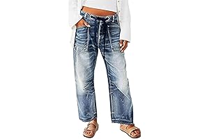 High Waist Loose Wide Leg Baggy Barrel Denim Eyelet Drawstring Jeans for Women