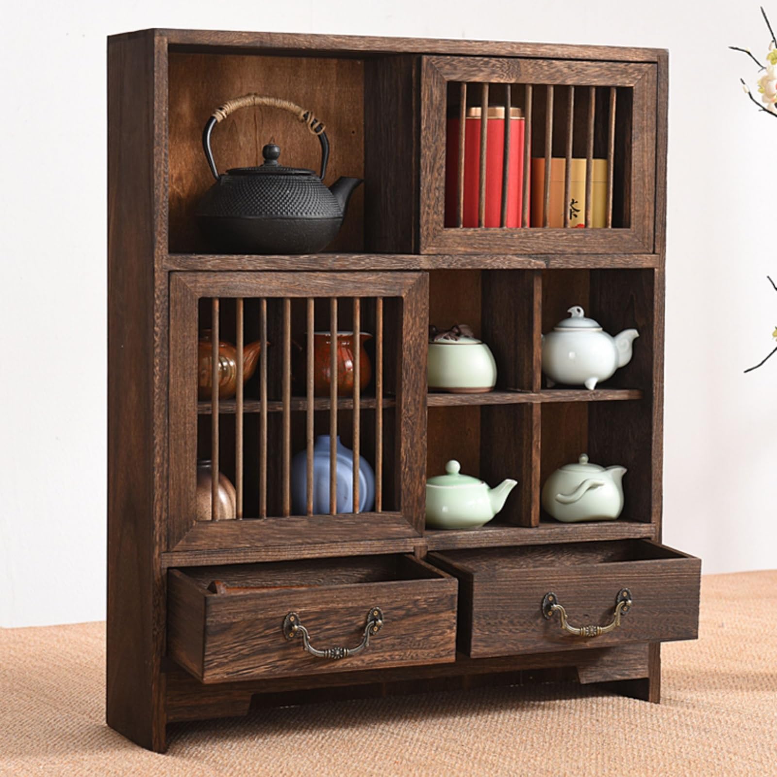 Organizador Cajones Cocina En Forma Caja Madera, Soporte para Juego Té De Sobremesa, Armario con Tiradores Metálicos para Sala Estar