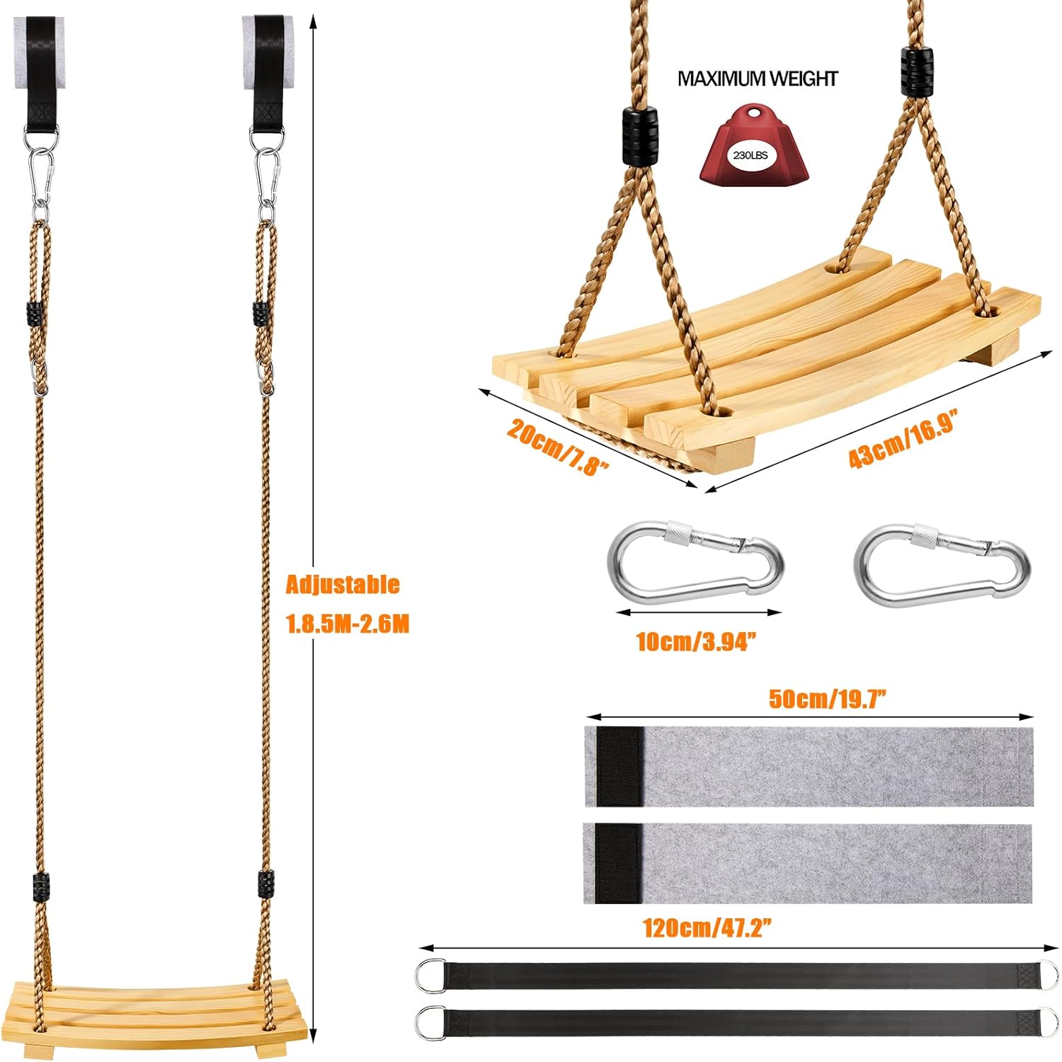 SimpleArt Wooden Swing Seat, 16.9×7.8in Outdoor Wood Swing for Kids with Adjustable Rope, Tree Straps Set Accessories for Backyard, Playground, Garden or Home