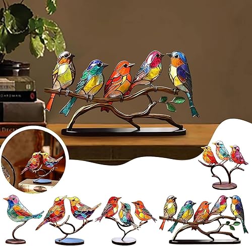 Miniatura 4 de Adornos de escritorio de pájaros en rama, acrílico manchado de doble cara, estatua multicolor de colibrí, escultura de pájaro de arte de metal,