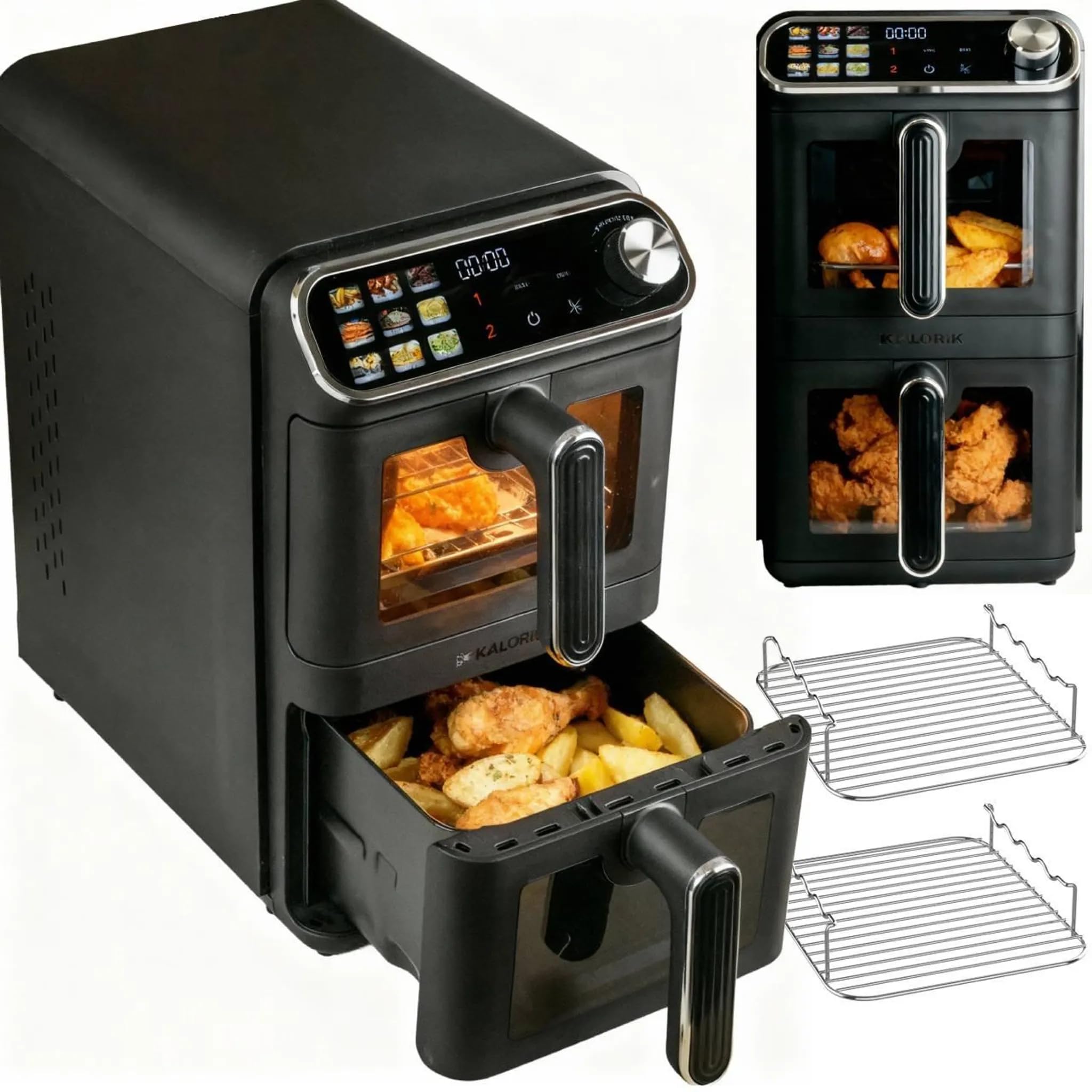 KALORIK AFT3200 frytkownica beztłuszczowa, pionowa XXL frytkownica na gorące powietrze, dwukomorowa wieża 11 l, 2260 W, AIR FRYER z 2 rusztami do smażenia, 9 automatycznych programów, wyświetlacz LCD