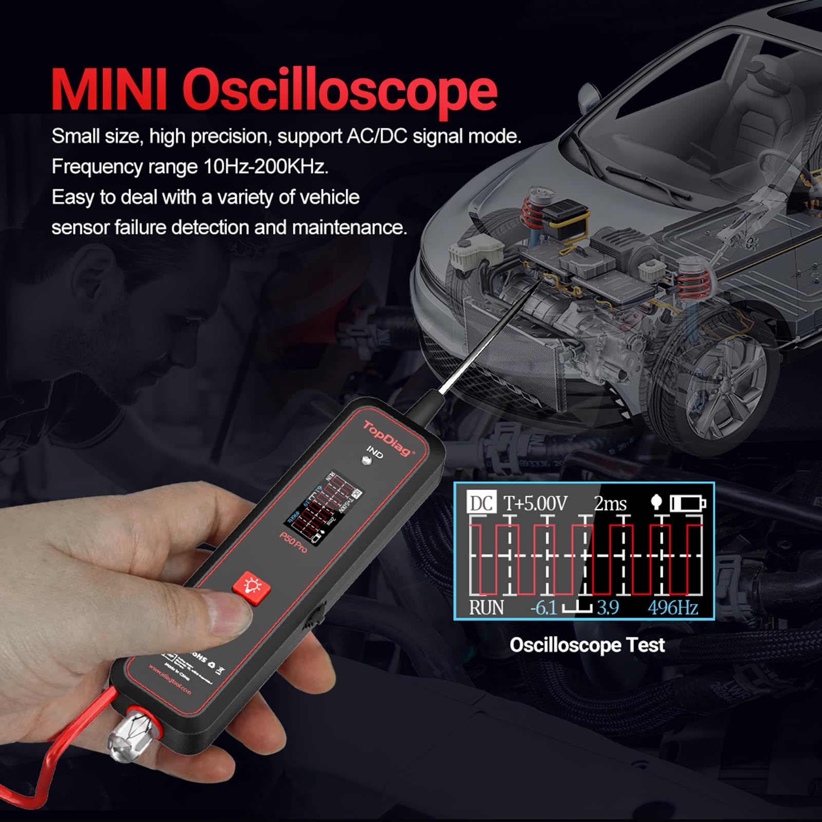 Shkalacar TopDiag p50pro KFZ Stromkreistester, 12V 24V Auto Spannungsprüfer Stift mit mit Taschenlampe, Unterstützt den AC/DC-Signalmodus, AC/DC-Prüfung, Stromkreissonden Kit für Autobatterie