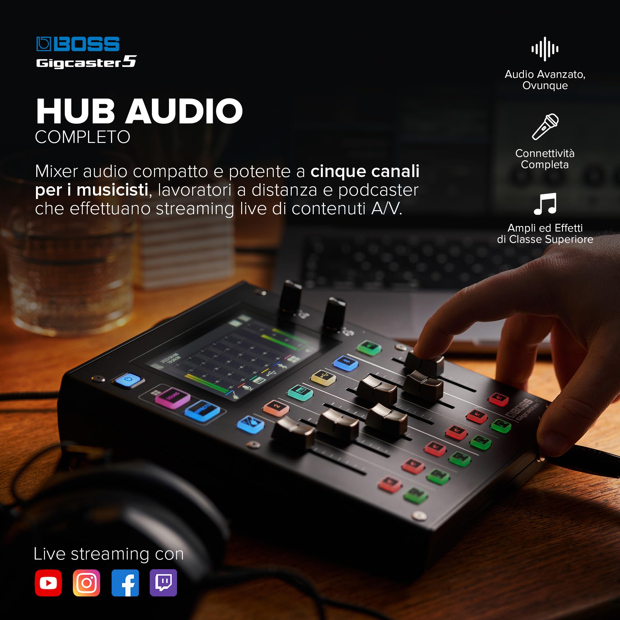 BOSS Gigcaster 5 Audio Streaming Mixer Compatto a 5 Canali con Ingresso Diretto per Chitarra/Basso | 2 Ingressi Microfonici XLR | Ingresso Stereo di Linea | 8 Pad per gli Effetti Sonori su Touchscreen
