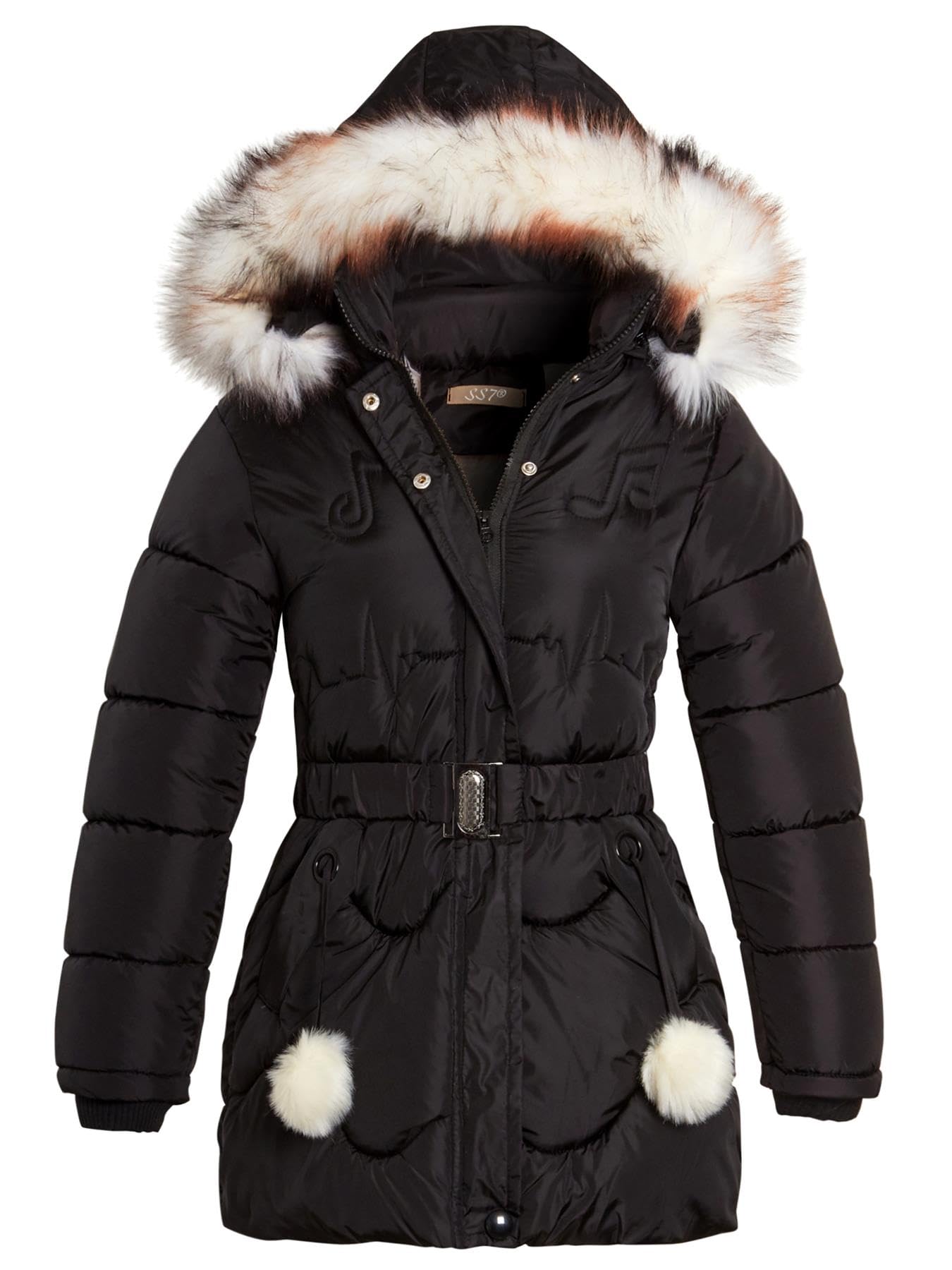 SS7 Girls Quilted TikTok Padded Parka Coat Faux Fur Black
