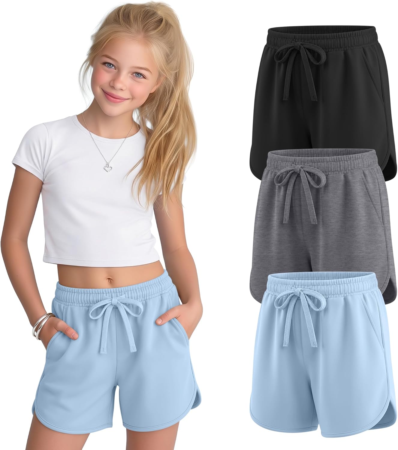 3 Pack Girls' Athletic Shorts High Slit Elastic Waist Drawstring Sweat Shorts Casual Pants with Pockets Ages 5-16