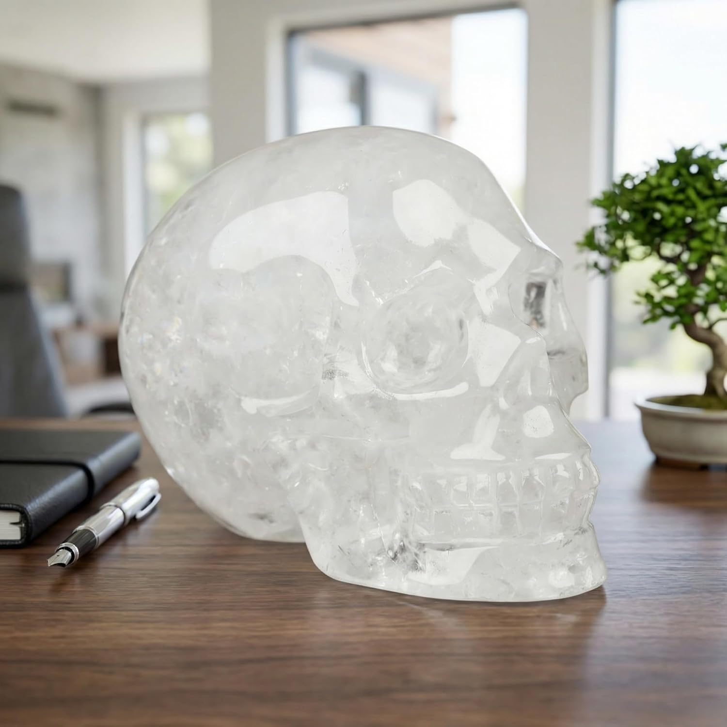 CrysalHola Large Natural Clear Quartz Crystal Carved Skull, 10-12cm Human Skull Statue, Spiritual Decor Home Office Decor, Detailed Hand Carved Gemstone