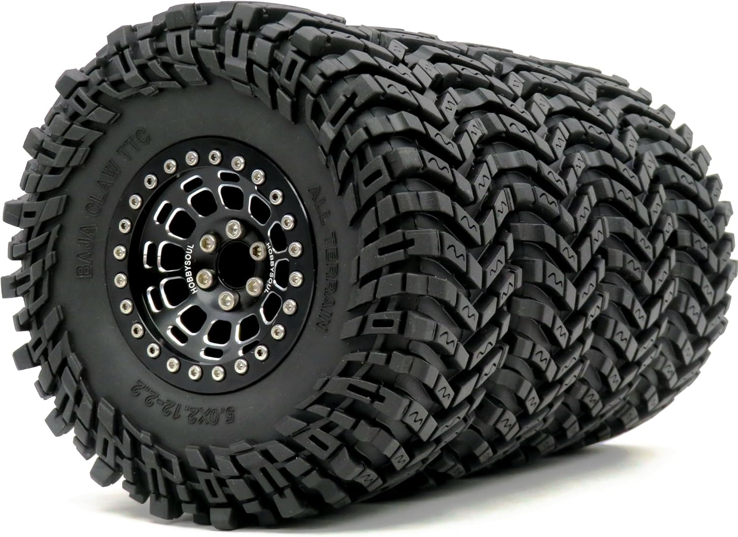 HOBBYSOUL Height 5.0'' Tires 2.2 Tyres & -10mm Negative Offset 2.2 Beadlock Wheels Black Rims For RC Mud Crawler All Terrain SCX10 Capra Wraith TRX4 Gen8 Everest gen 7 Pro, (4-Pack, Assembled)