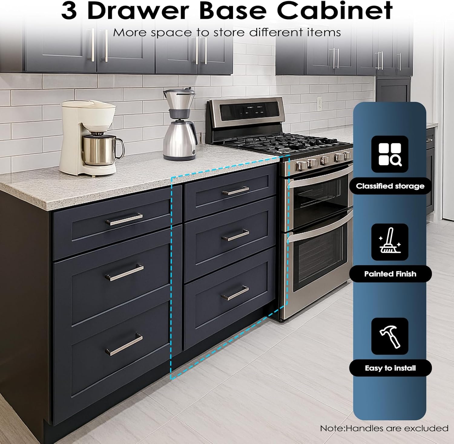 Kitchen Base Cabinet, Base Cabinet with Drawer, 21" Cabinet, Soft Close, Shaker, 3 Drawers, Painted, Unassembled, RTA for Kitchen, Bathroom (Graphite Shaker, 24" D X 34.5" H X 21" W)