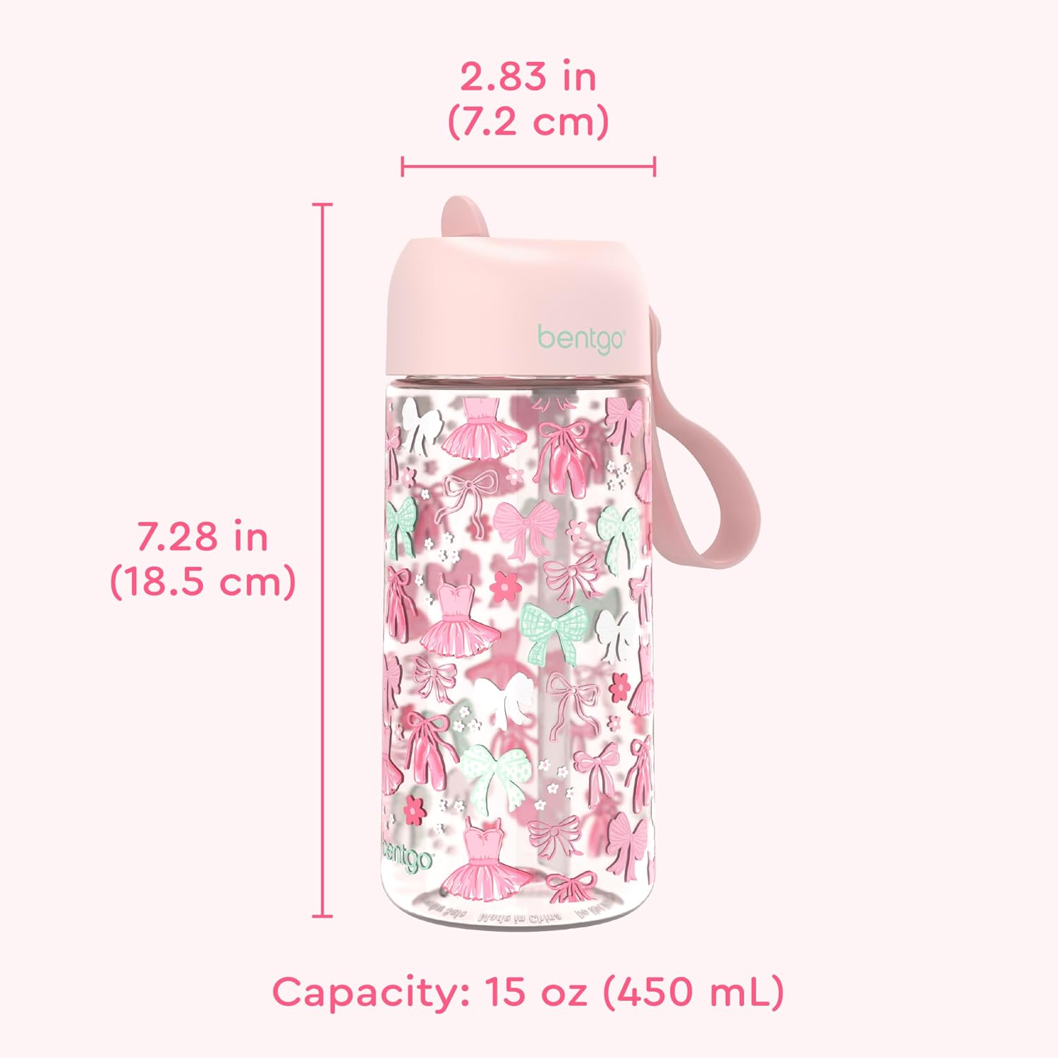 Bentgo Kids Water Bottle, Leak-Proof, Bite & Sip Spout, 15 fl oz | PFAS & BPA-Free, Shatter-Resistant, Carry Handle, Lightweight, Top-Rack Dishwasher Safe (Ballet & Bows)