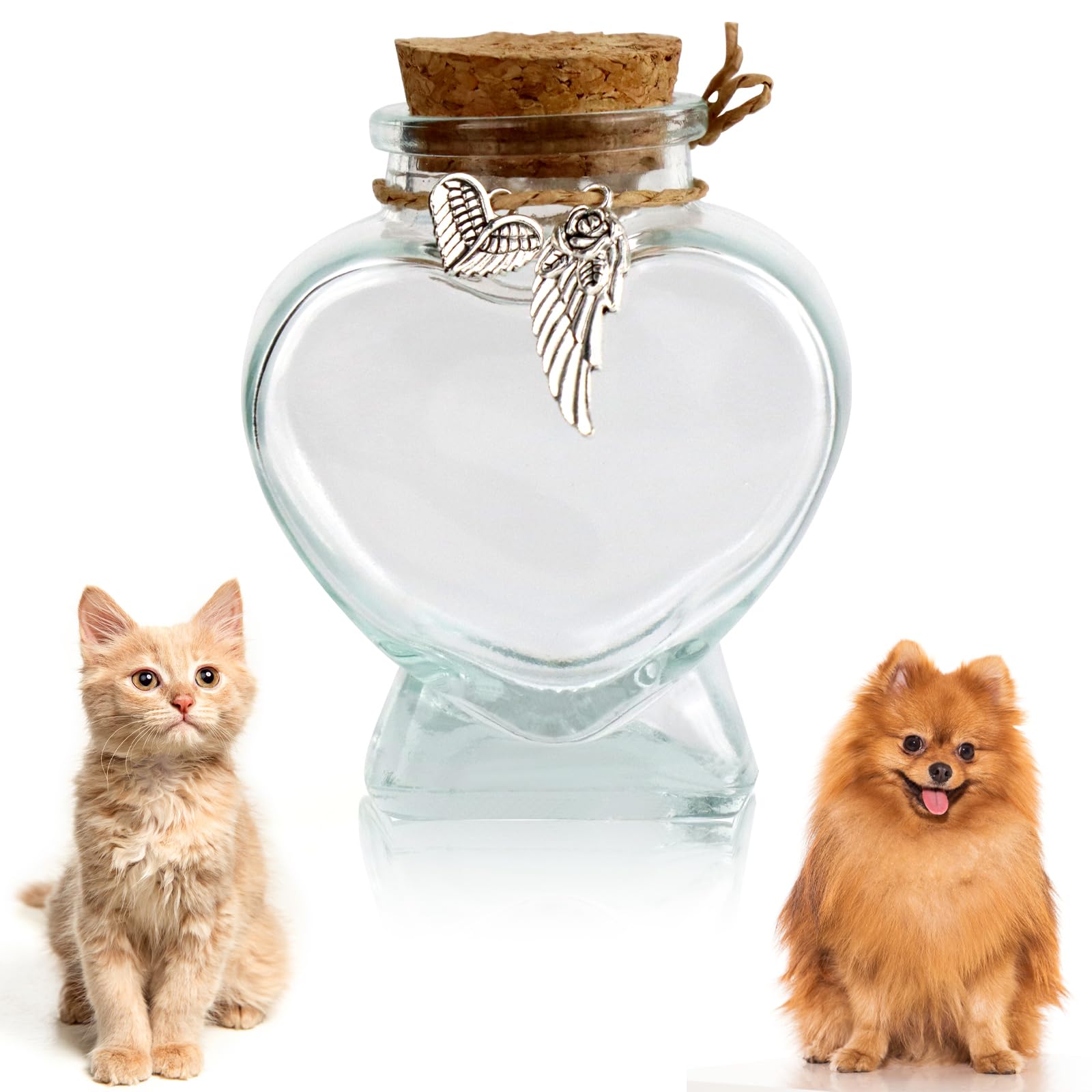 COSOWO Pet Hair Keepsake Bottle for Dogs & Cats, Memorial Glass Bottle with Heart Design, Includes 2 Silver Accessories, Pet Fur Keepsake for Pet Loss Remembrance, Heart Shape