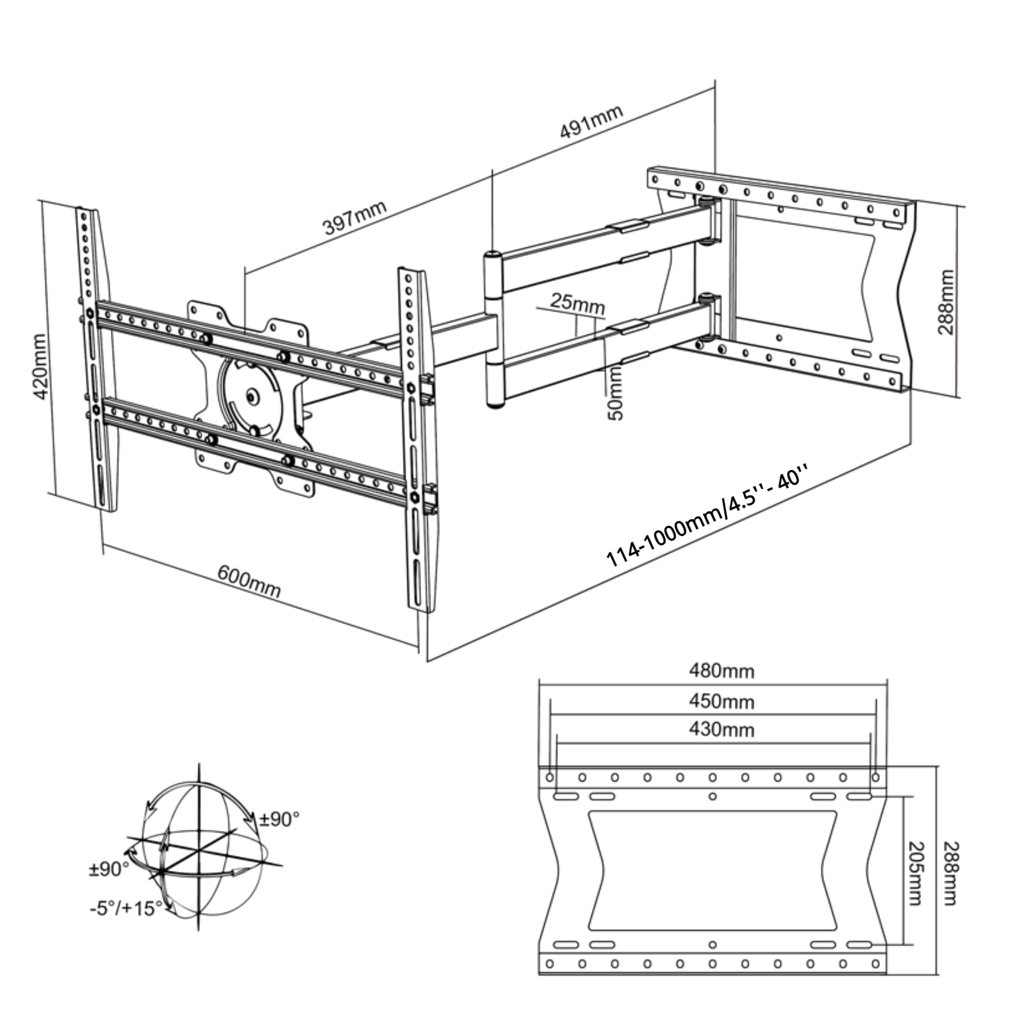 Nanook Long 2100 Langarm TV-Wandhalterung 42-75 Zoll, 100 cm Auszug, 60 kg | Extrem Robuste Konstruktion, Extra-Lange Arme Für Maximalen Schwenkbereich (180°) Und Große Reichweite, Max. VESA 600x400
