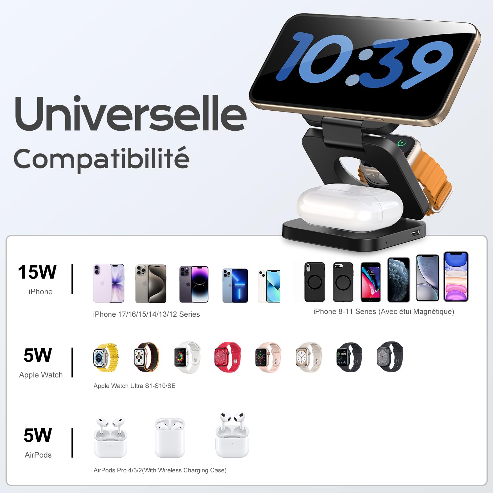 KU XIU 3-en-1 Chargeur sans Fil pour iPhone, Rapide Chargeur avec Mag-Safe | Pliable Voyage Station de Charge pour iPhone 17/16/15/14/13/12, AirPods et Apple Watch (Adaptateur Inclus)