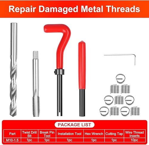 Vista 32 de 15 PCS Kit de inserción de reparación de rosca métrica M10* 0.039 in Juego de herramientas de roscas para reparación de agujeros de tornillo