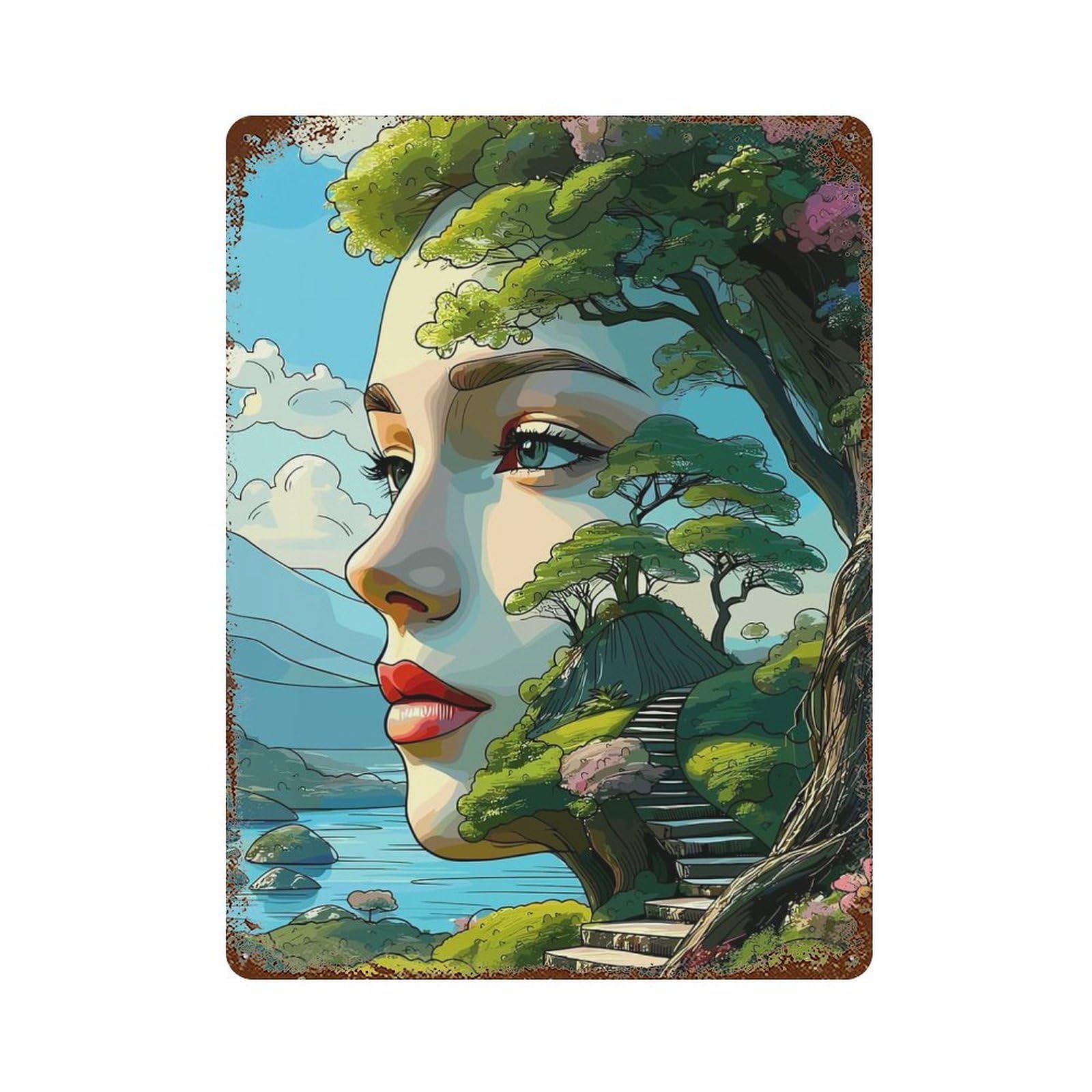 Nature Woman Portrait Rust Effect Tin Sign 15.7"x11.8", Retro Wall Decor for Pub, Kitchen And Man Cave Decor