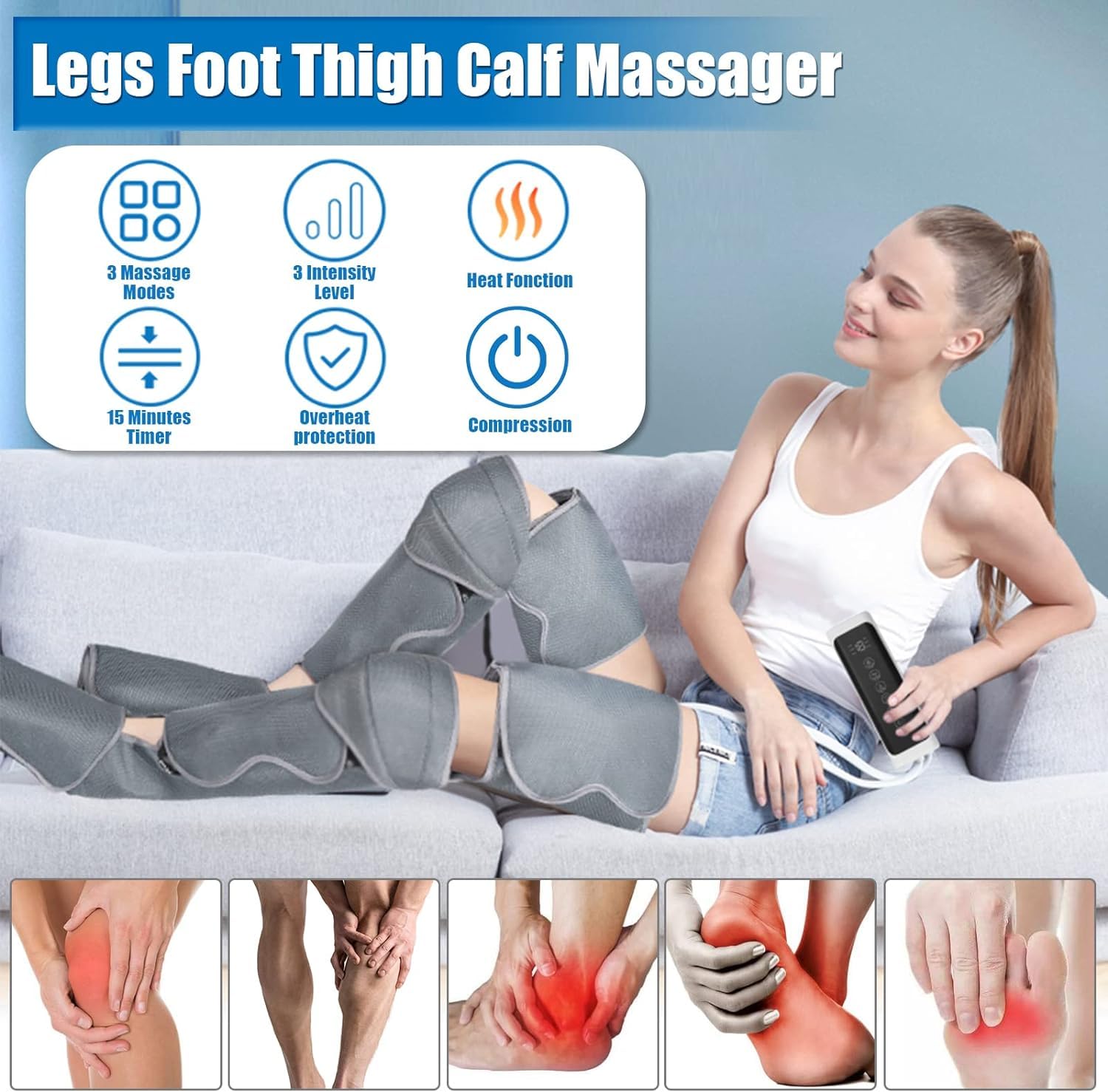 Electric leg massage adjustable 3 mode, 3 intensity with remote control. Foots, thighs, calves, air compression for women and men for air compression cargo Electric leg massage adjustable 3 mode, 3 intensity with remote control. Foots, thighs, calves, air compression for women and men for air compression cargo