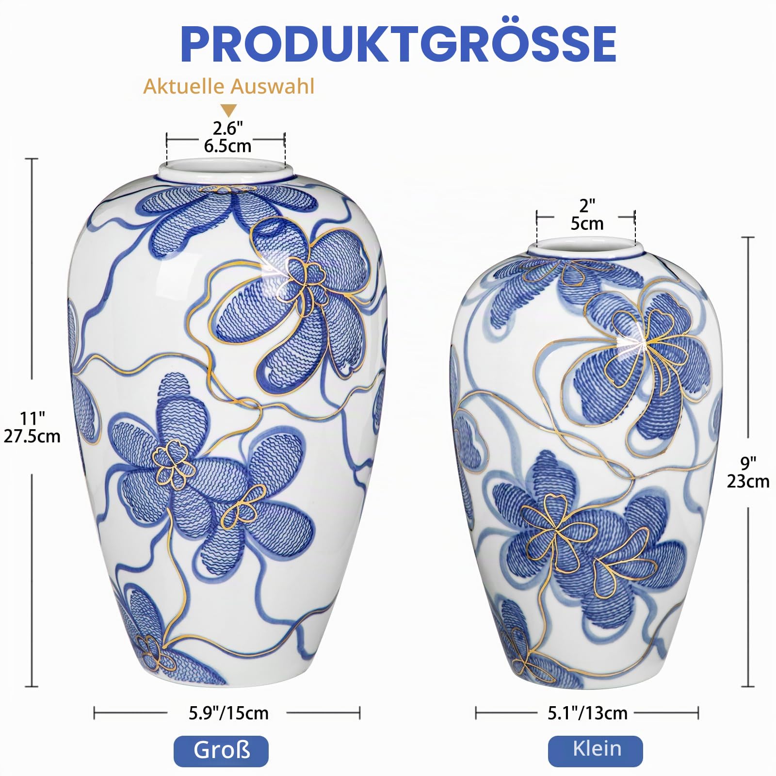 Keramikvase Blau-Weiß mit Goldverzierung – Handbemalte Blumenvase im asiatischen Stil – Chinoiserie Wohnaccessoire Höhe 27,5cm – Ideal für Trockenblumen, Deko oder Geschenk