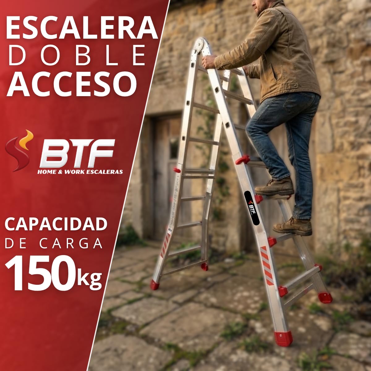 BTF Aluminium Multifunktions-Teleskopleiter MTL 3 x 4 Sprossen - Kann als Anlege- und Schiebeleiter, beidseitige Stehleiter und Treppenleiter verwendet werden. Perfekt für Arbeiten am Hang. BTF-TS33