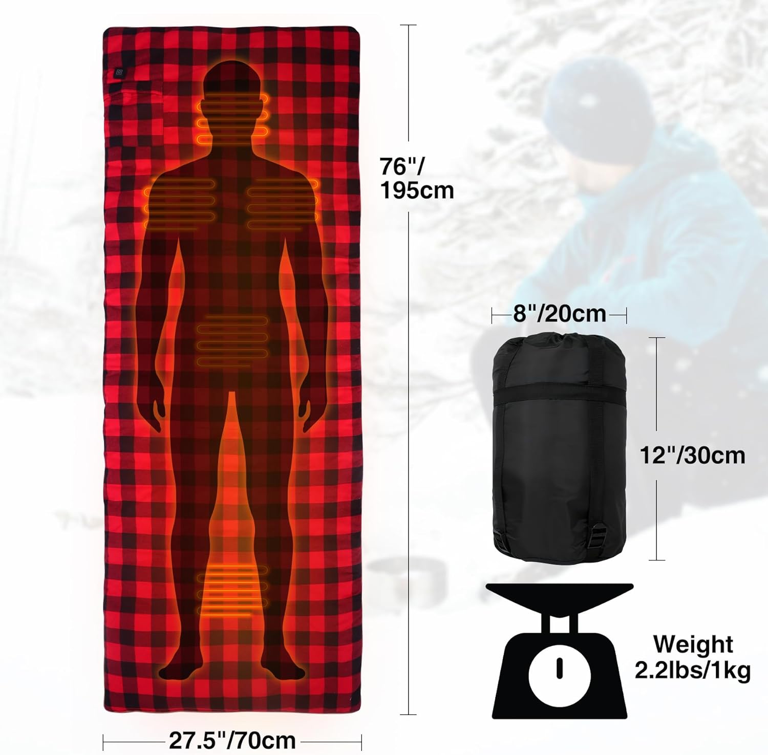 REDCAMP Heated Sleeping Bag Pad, Heated Sleeping Bag Liner 5 Heating Zones, 3 Adjustable Heat Settings USB Heating Pad for Cold Weather Camping Backpacking or Hiking (Red and Black Grid) 77"X30"