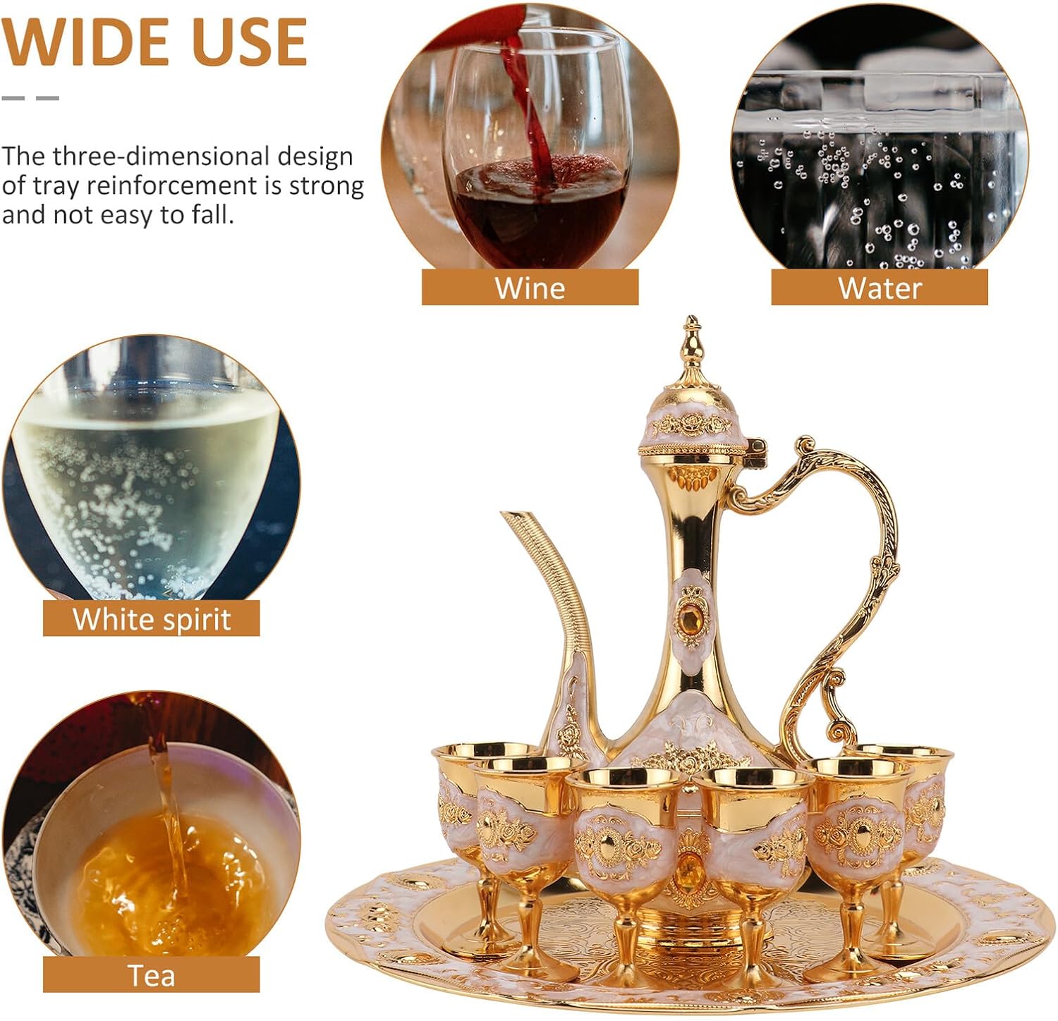 Small Decorative Wine Decanter Set Smooth, Delicate Golden Metal Wine Cups for Wedding Presents and Bridal Shower Decor