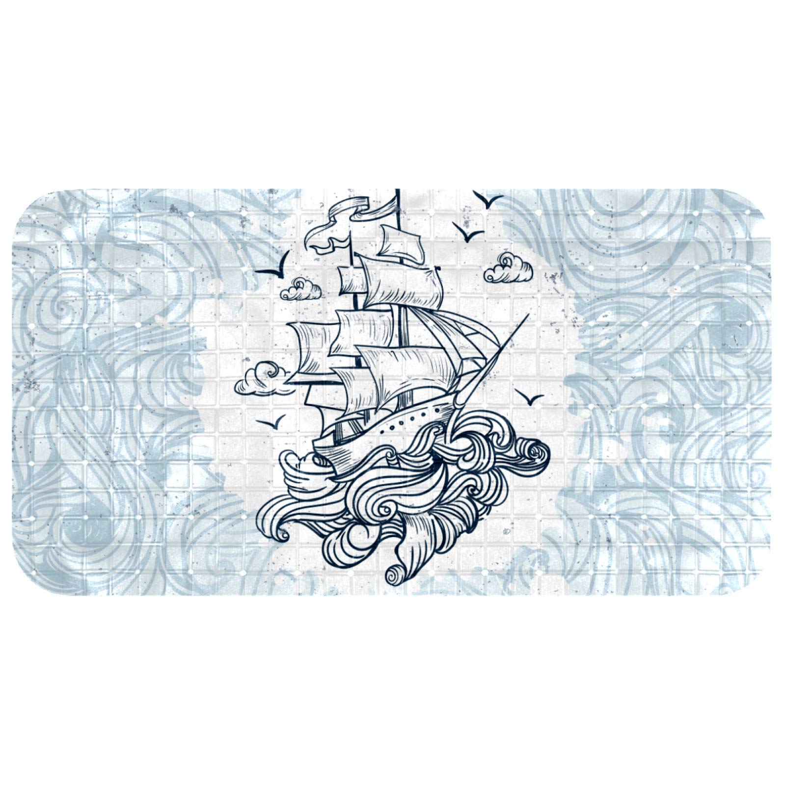 Alfombrilla para bañera suave de niños pequeños con diseño de olas y barcos de 37,3x68,3 cm