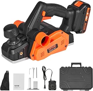 VEVOR Cordless Electric Hand Planer, 3-1/4" Width, 16000 RPM Handheld Wood Planer with Battery 5/64" Adjustable Depth HSS Blades Dual Side Dust Outlet, for Woodworking Wood Planing Surface Smoothing