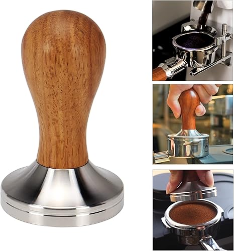 Miniatura 3 de DIBTSA Manipulador de café expreso de 2.008 in, con base plana de acero inoxidable 304 y mango de madera para portafiltro