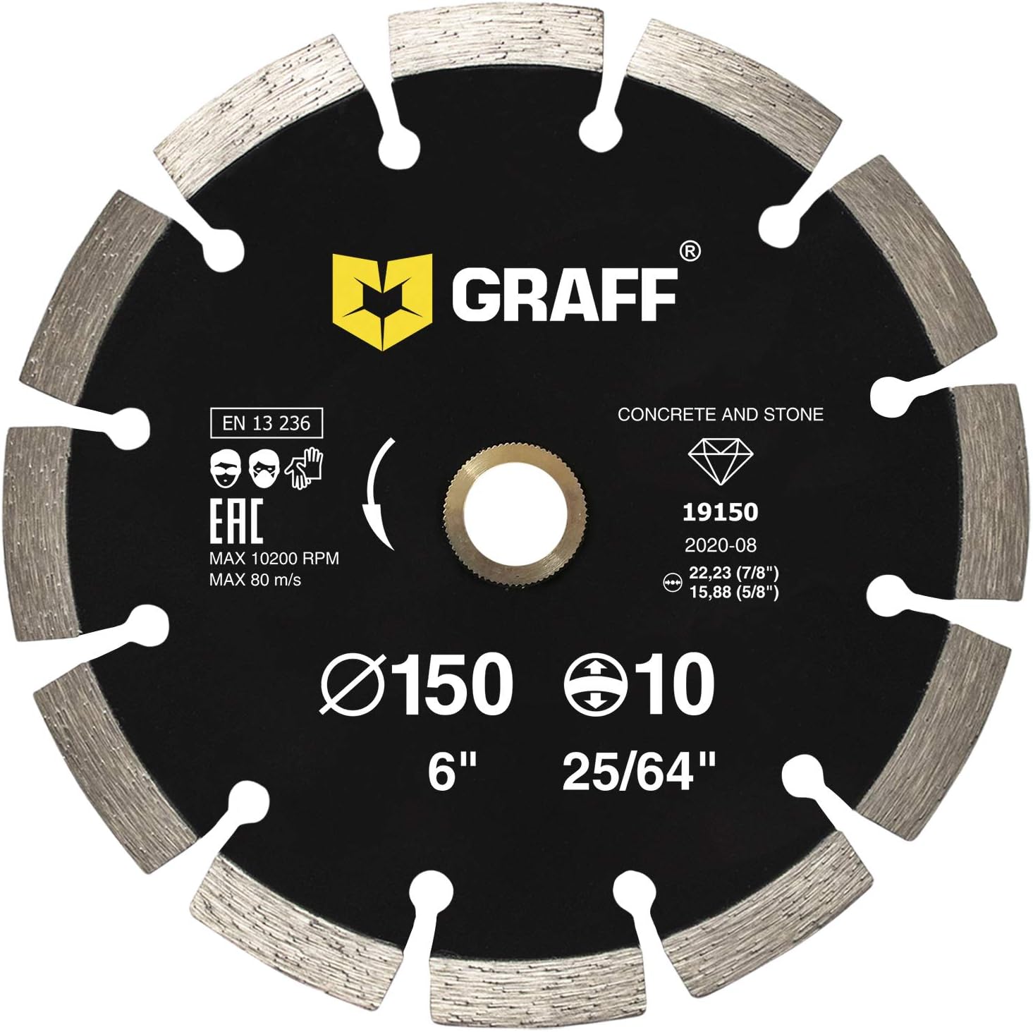 6 Inch Diamond Blade for Angle Grinder — Diamond Cutting Wheel for Cutting Stone, Marble, Granite, Brick, Masonry, Paving Flag, Concrete — Diamond Saw Blades Segment Height 0.394” (10 mm) — GRAFF