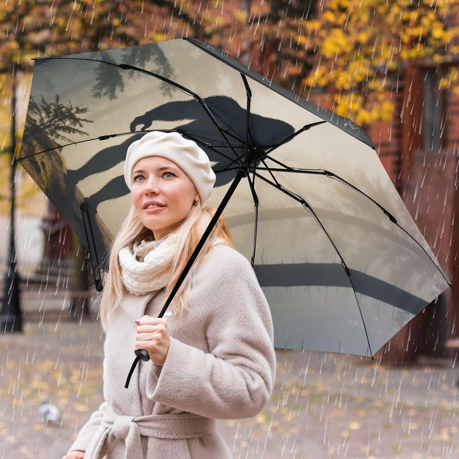 Silhouette Sasquatch Foggy UV Protection Umbrella Compact for Rain and Sun - Automatic Open and Close UPF 50+ Windproof Portable 46” Sun Umbrella for Women and Men