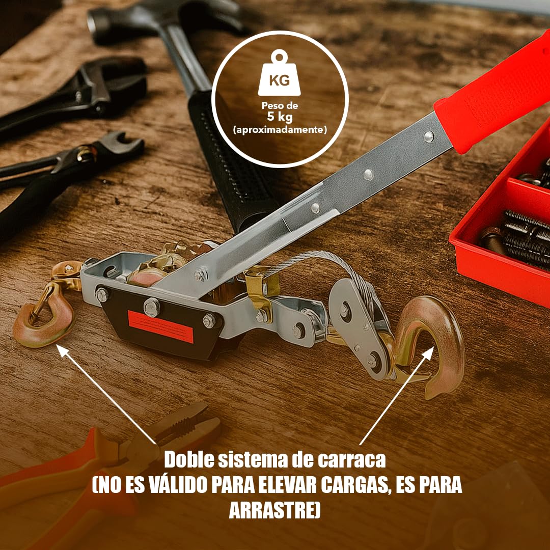 Cabestrante manual de 4 toneladas 4000 kg - 2,5 METROS de cable - Polipasto RZ TOOLS de palanca para mover cargas pesadas de hasta 4 TN Trinquete