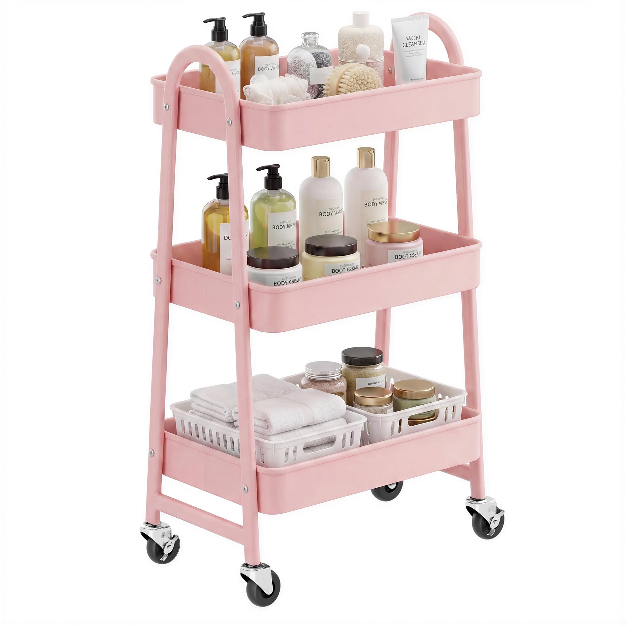 SONGMICS 3-Tier Storage Trolley, Rolling Trolley with Handle, 2 Small Organisers, Steel Frame, Steel Baskets, Utility Cart, Easy Assembly, for Bathroom Laundry Room, Pink BSC068S101