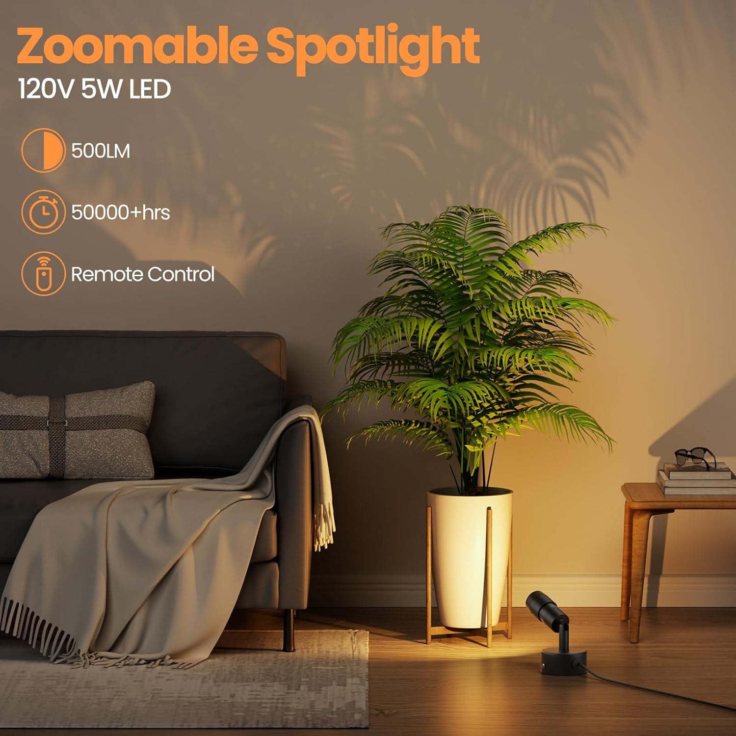 Zoomable LED Spot Lights Indoor Uplighting with Remote & Timer, 5W Up Lights Indoor Dimmable Plant Spotlight Uplights Accent Lighting, Floor Spotlight Lamp with 5.9FT Plug Cord - Black 2 Pack