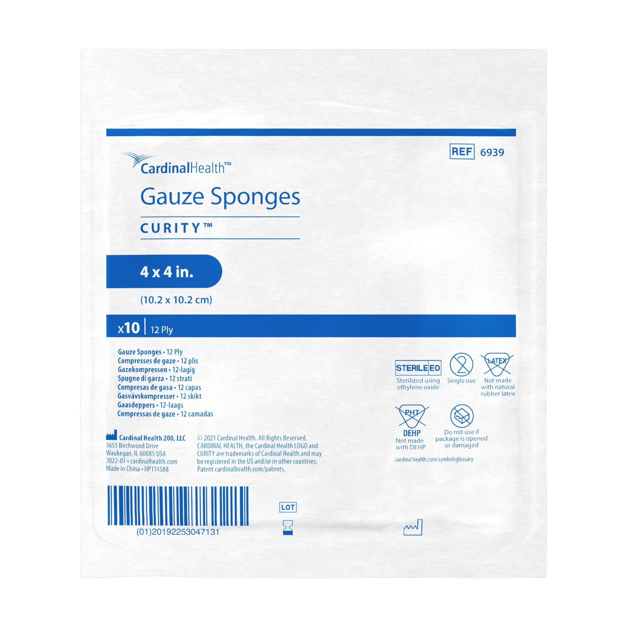 Cardinal Health™ Curity™ Premium Woven Garza spugna, sterile, 10,2 x 10,2 cm, 12 strati, 6939, confezione da 1280