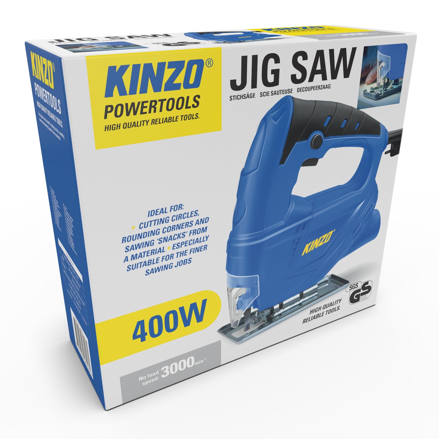 Kinzo Stichsäge - 230V - 400W - mit Staubabsaugung - Schutzblatt - Verschiedene Materialien - Holz bis zu 65 mm - Metall bis zu 6 mm - Blau, 8711252064161