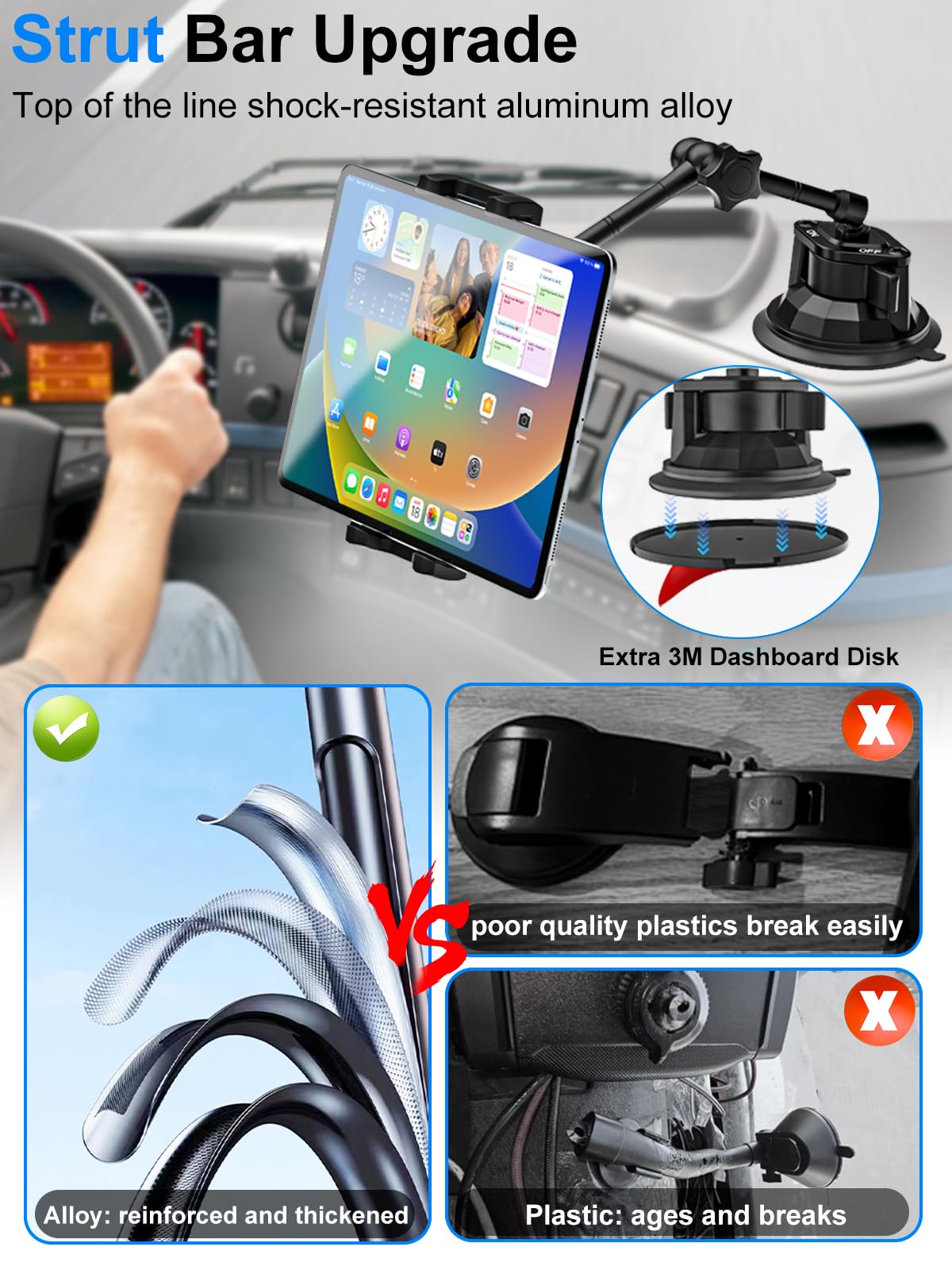 Support de tablette pour tableau de bord, camion, pare-brise, iPad avec bras en métal, support de tablette avant pour téléphone portable et tablettes de 4 à 12,9", iPad Pro/Air/Mini, Galaxy