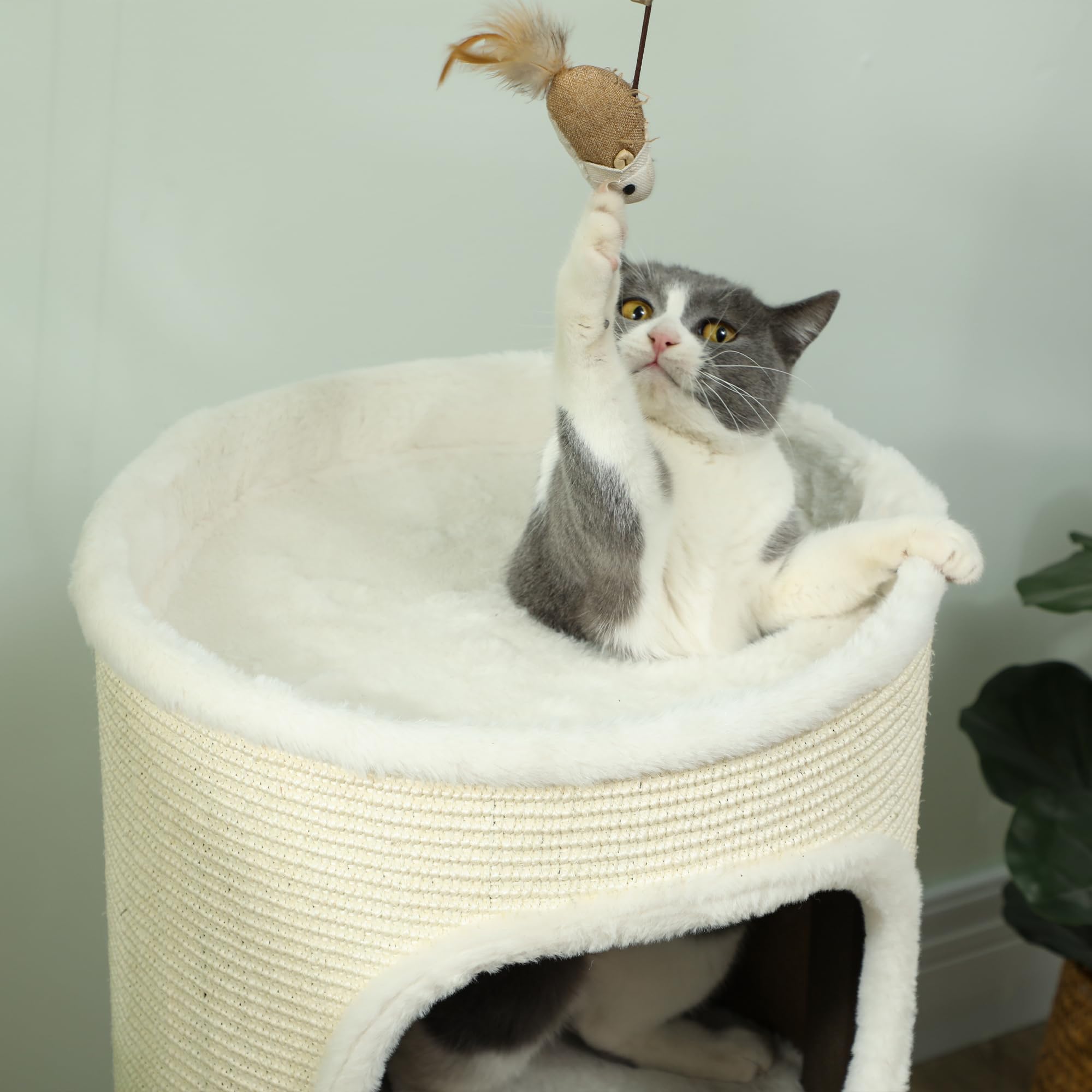 PawHut Tiragraffi 80 cm di altezza, Ø 40 cm, a tre piani con bordo in peluche, grotta per gatti, albero tiragraffi per gatti di medie dimensioni, bianco crema e marrone
