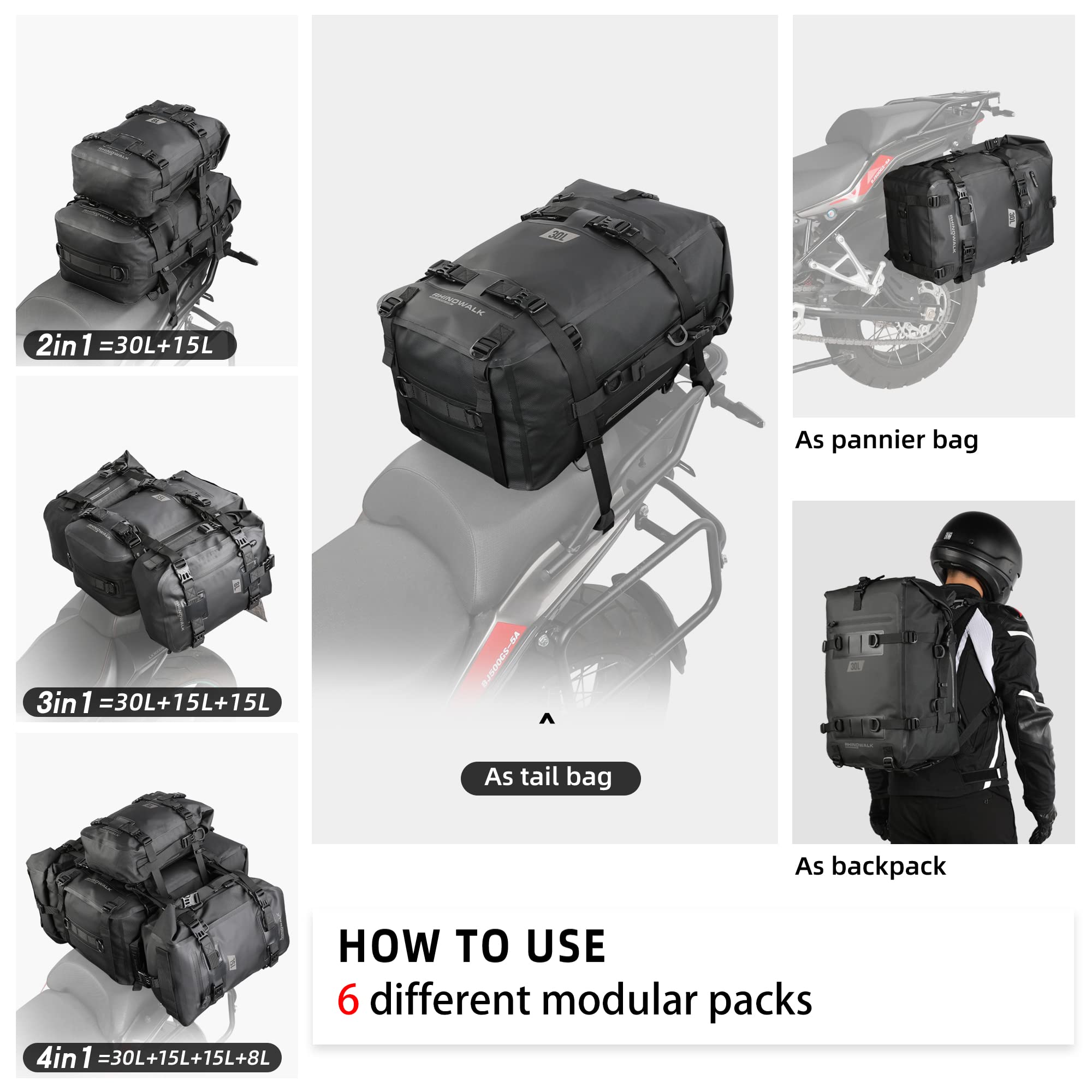 Rhinowalk sac de voyage étanche, sacs de queue de moto, siège arrière – Noir 30 l