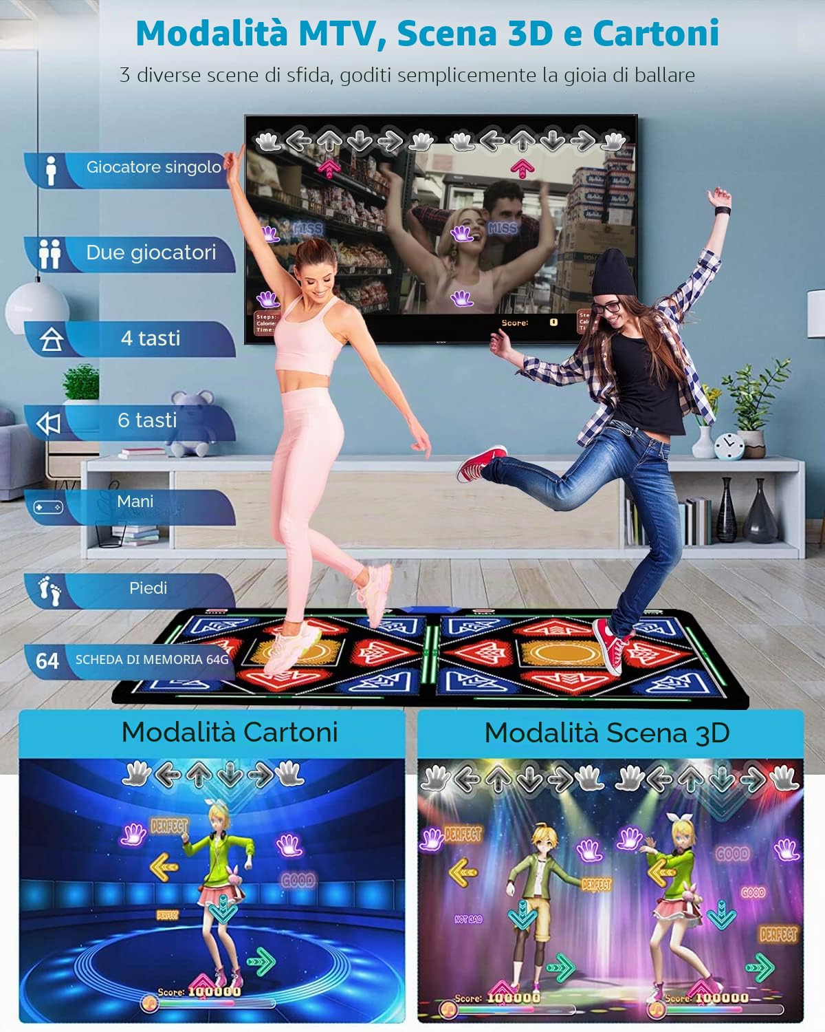 Tappetino da ballo elettronico con fotocamera, scheda memoria 64 GB, 1030 giochi, 81 video musicali e 650 canzoni, regalo lusso per ragazzi o ragazze, compatibile TV