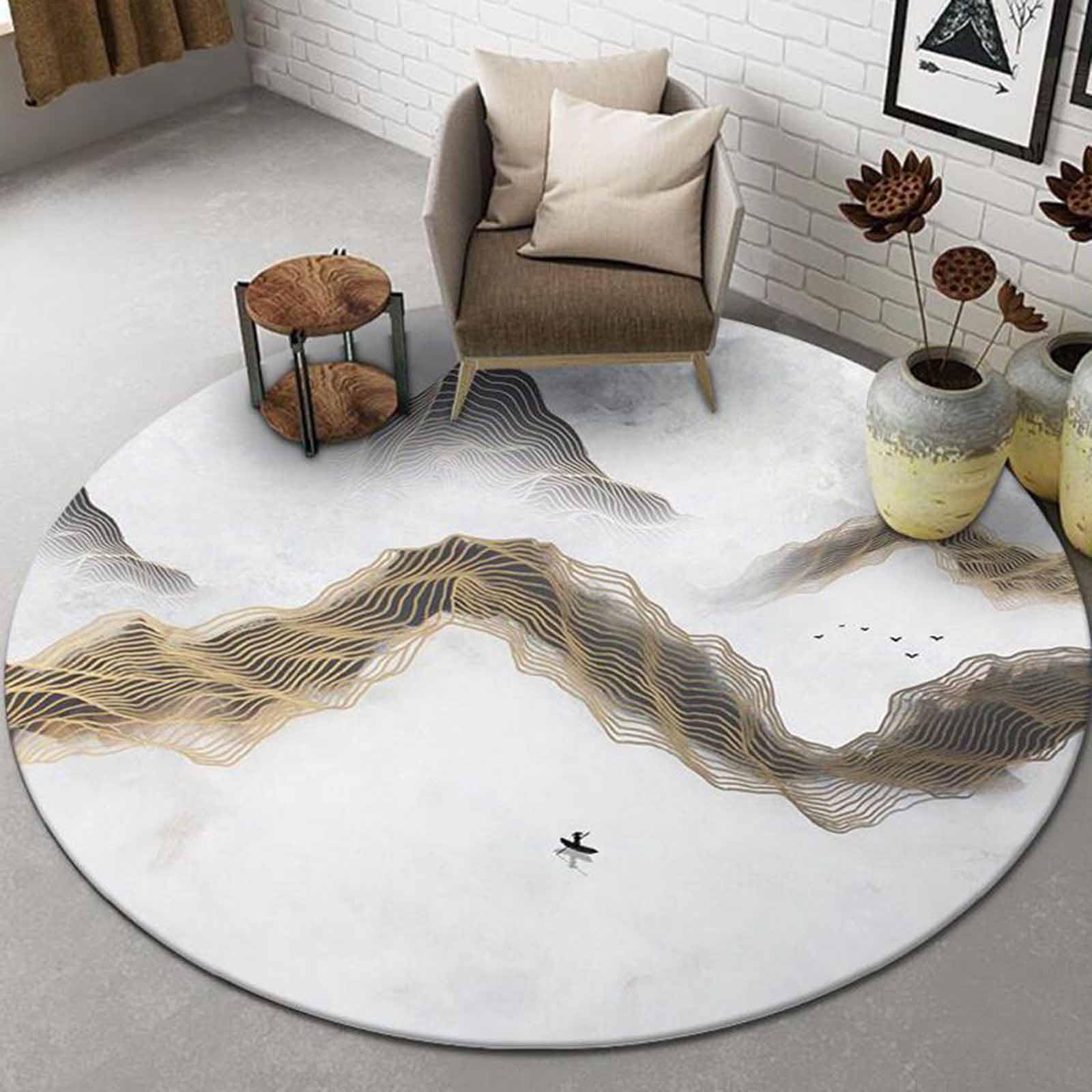 Tapis de Salon Circulaire Contemporain doré Blanc Gris 60cm 80cm 100cm 120cm 140cm 160cm 180cm 200cm Tapis résistant pour Chambre à Coucher vestiaire
