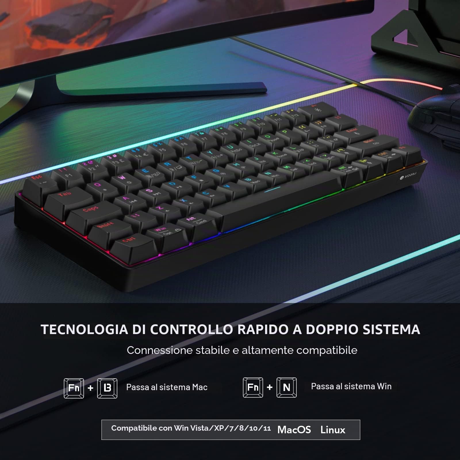 KOORUI Tastiera per videogiochi, 60% meccanica, 26 RGB retroilluminata con cavo, design britannico a 61 tasti con interruttore rosso, per Windows, MacOS e Linux