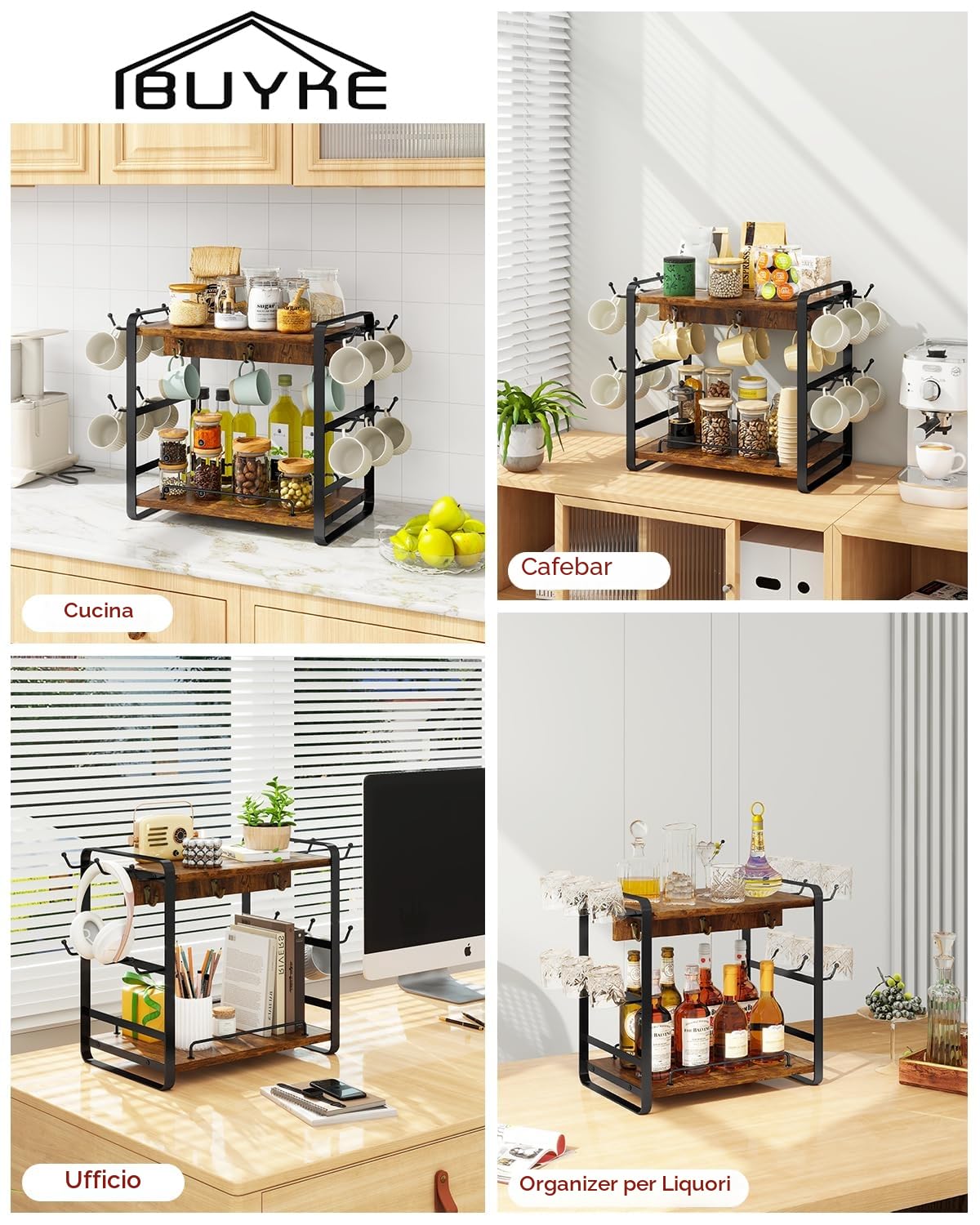 IBUYKE Organizer Caffe Portatazze da Appoggio, 2 Livelli di Supporto per Tazze da Cucina, Porta Tazzine da Caffè di Legno Con 18 Ganci,Organizer Tazze per Cucina,Ufficio,Marrone TBJ006H