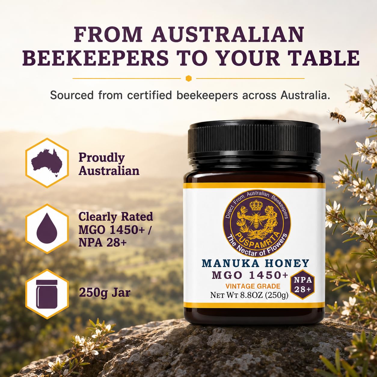 Puspamrta Australischer Manuka Rohhonig MGO 1450+ NPA 28+ 250g | MGO 1450+ NPA 28+ Australian Manuka honey, 250g jar for tea, toast, breakfast and pantry use