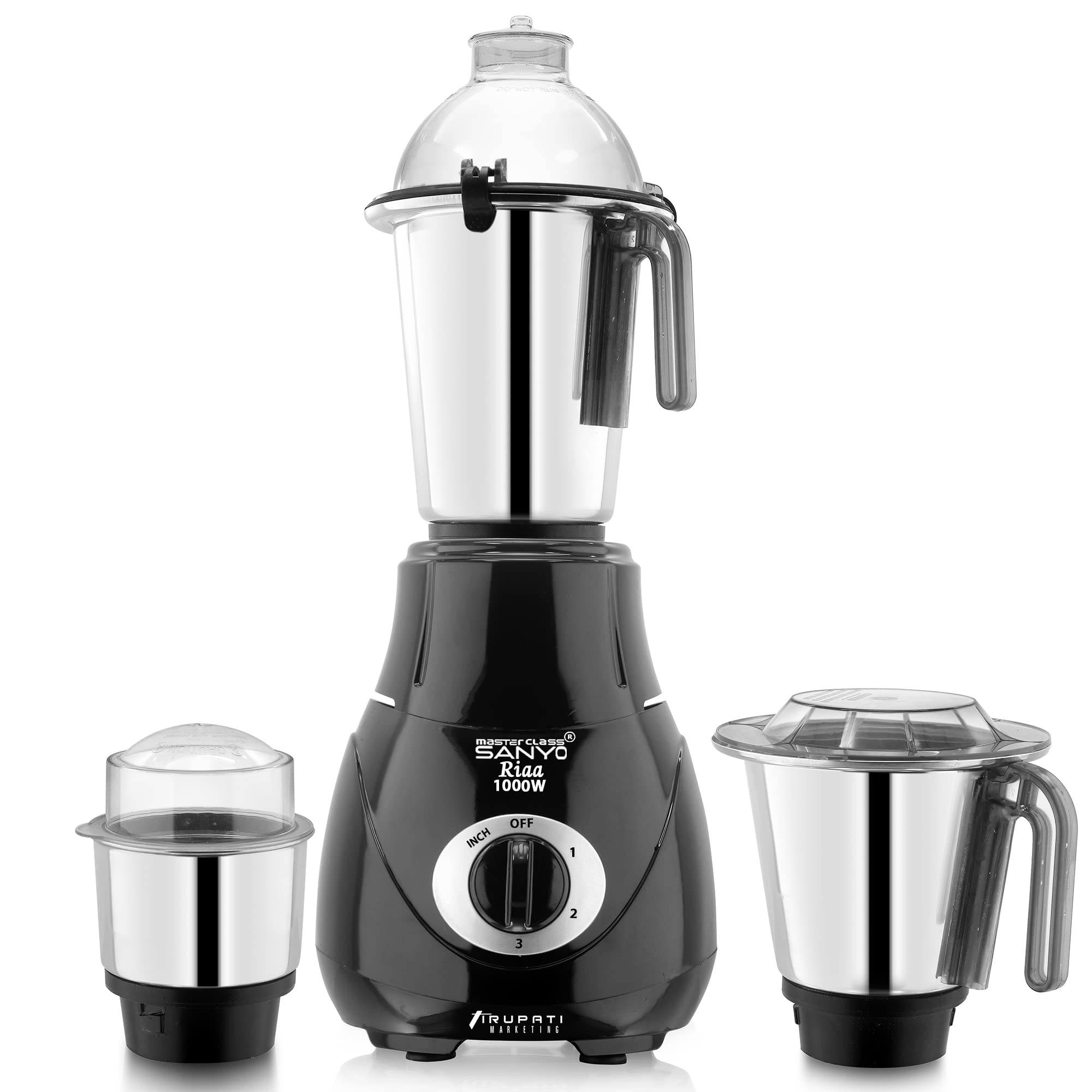 New Excellent Model RIAA 1000 Watts, Mixer & Grinder with 3 Heavy Aluminium Base Stainless Steel Jars (Dry, Chutney and Liquid) Black S3J 37 Years of Servicing.