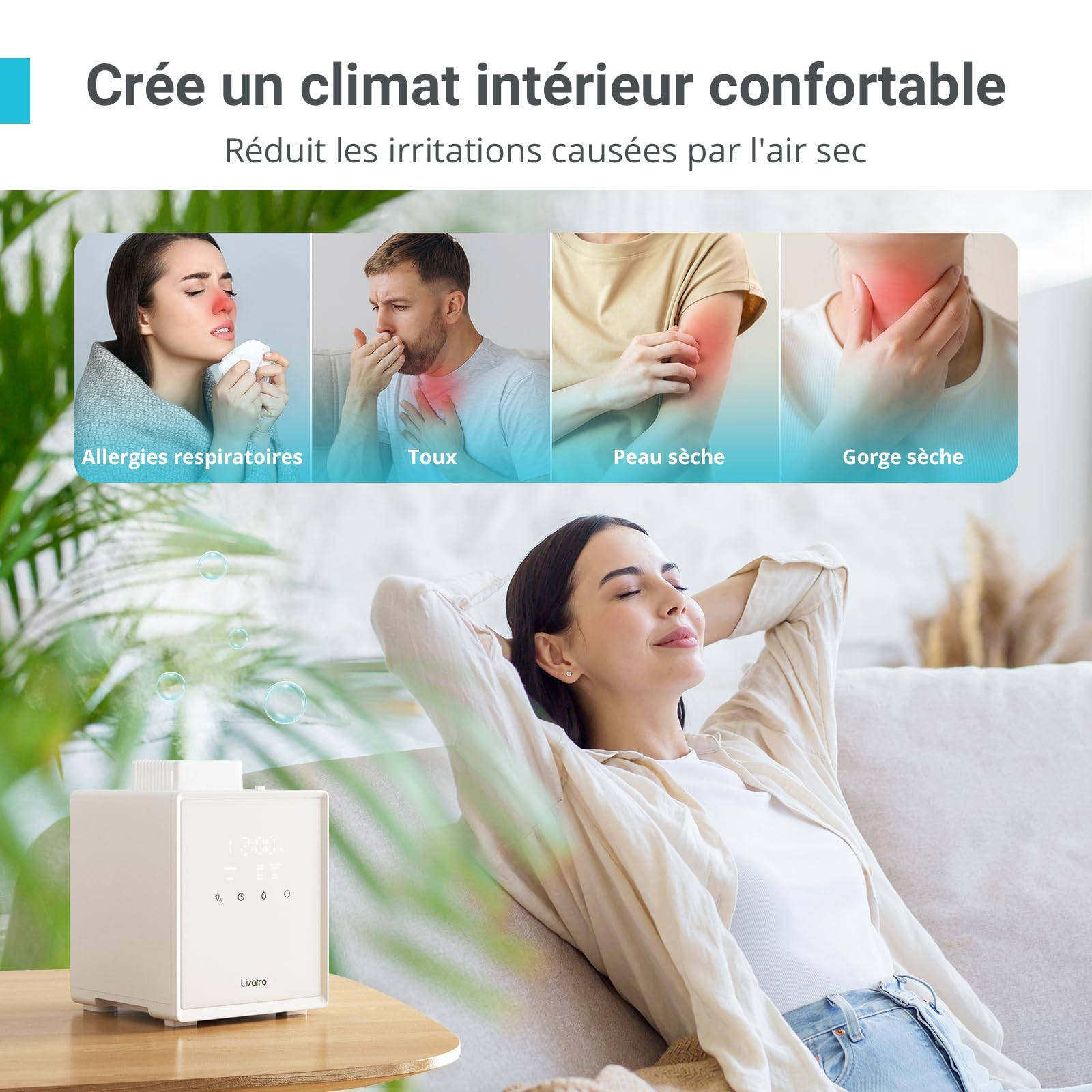 Livatro Humidificateur d’Air Chambre Top-Fill, 3L Humidificateur à Brouillard Chaud en Acier Inoxydable, Réduit 99,97% des Bactéries, avec Plusieurs Modes d’Humidité, Timer, pour la Maison, le Bureau