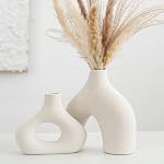 CEMABT White Ceramic Vase Set of 2 for Modern Minimalist Bohemian Decor,Round Matte Donut Vases for Pampas Grass-Perfect for Living Room, Dining Table, Office Bedroom Shelf Decor Christmas Day Gifts