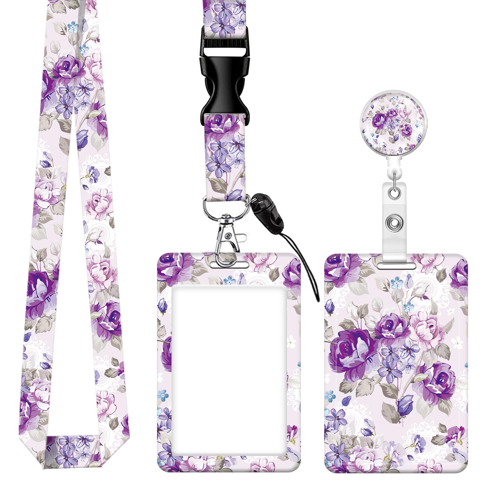 ID Badge Holder with Lanyard, Retractable Badge Holders Reels with Lanyards Adjustable, for Women Kids Teacher Nurses Doctor Student(Cute Purple Flower)