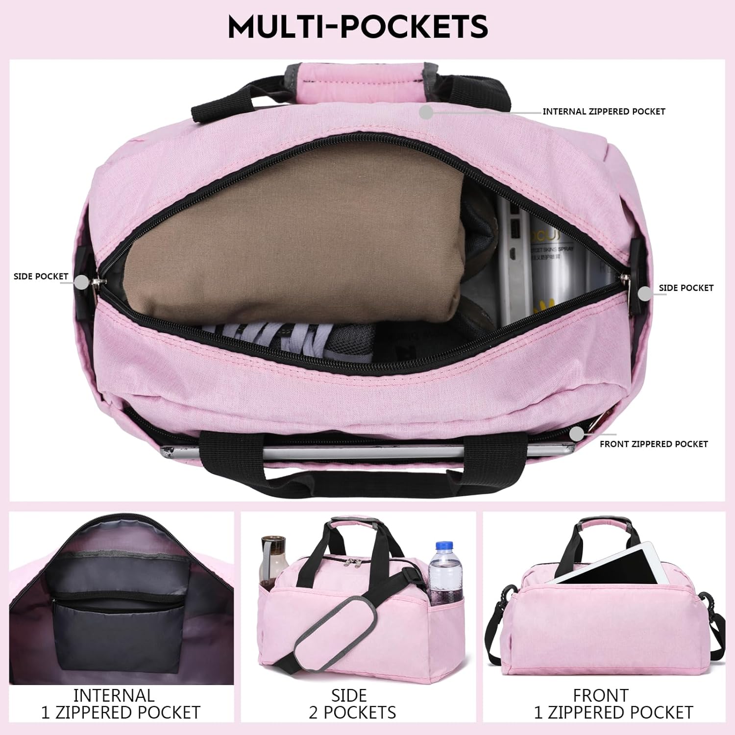 14 inch Small Gym Bag for Women & Men, Mini Duffel Bag for Travel Sports Lightweight Carry On Bag, Pink - Image 2