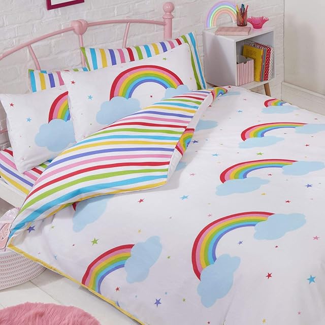 Price Right Home Rainbow Sky Stripes Bedroom Range Kids - Duvet Cover Set, Fitted Sheet Set & Curtains Available (Double Duvet Cover Set)