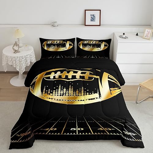 Erosebridal Juego de edredón deportivo para niños y niñas, juego de ropa de cama de fútbol para adolescentes, juego de edredón de fútbol negro y